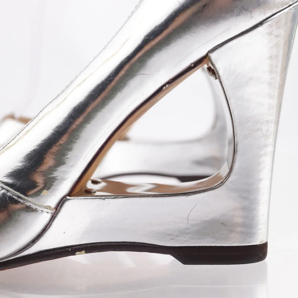 Michael Kors Shoes Womens Pumps Size 9 Silver Leather Open Wedge Peep Toe Cutout